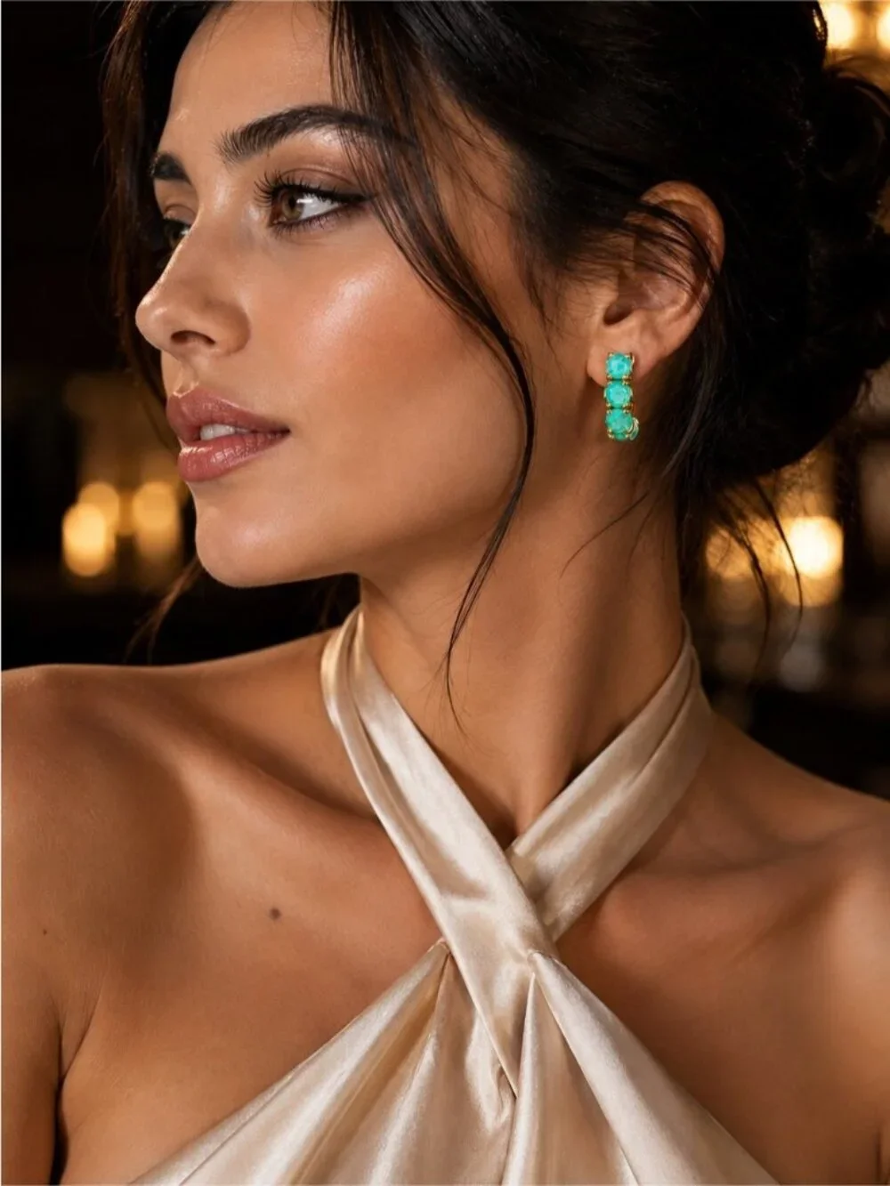 Gold tone Hoops with Emerald Green/ blue Gem Clusters